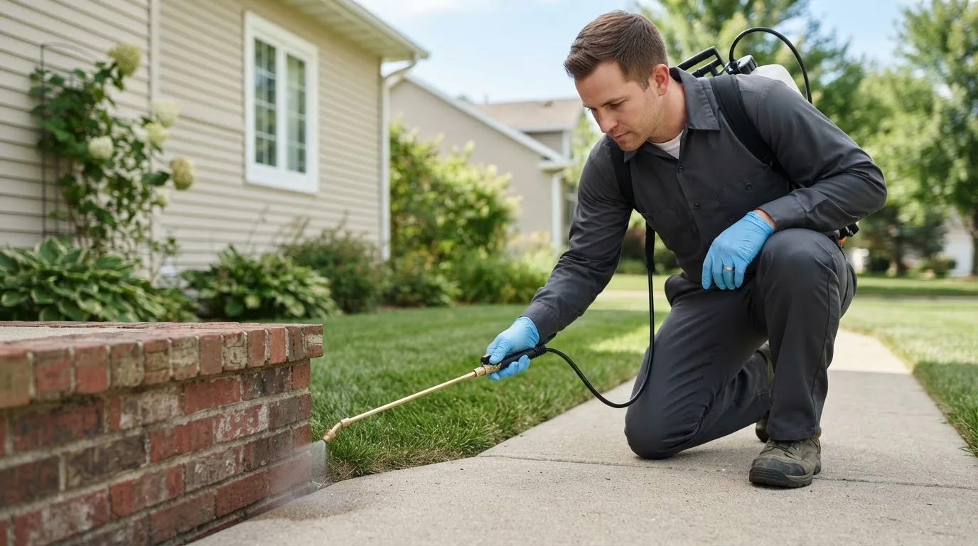 Pest control technician treating a home near Cement, OK