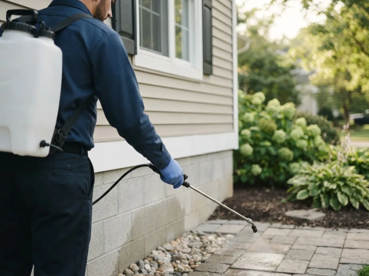 Pest control technician inspecting a home in Cement, OK